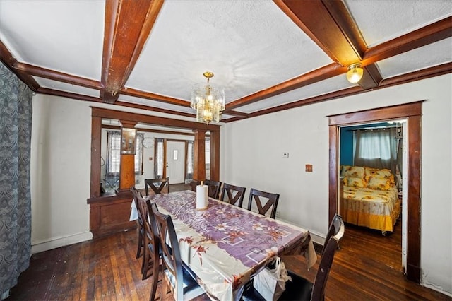 3917 Benton Blvd, Kansas City, MO 64130 - dining space featuring coffered ceiling, wood-type flooring, baseboards, beamed ceiling, and a chandelier
