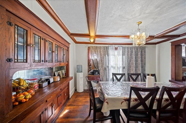 3917 Benton Blvd, Kansas City, MO 64130 - dining space featuring a chandelier, ornamental molding, dark wood-style floors, healthy amount of natural light, and coffered ceiling