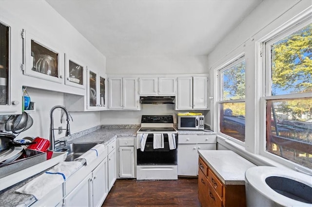 kitchen featuring white cabinets, sink, dark wood-type flooring, and white electric range