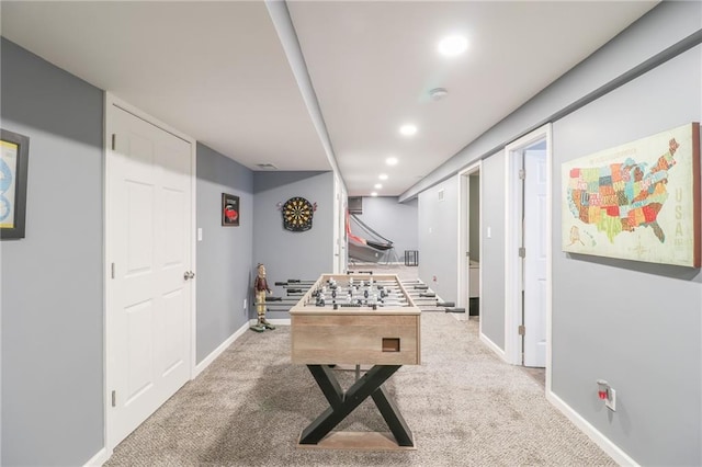 rec room with carpet, baseboards, and recessed lighting