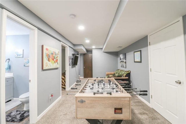 playroom featuring recessed lighting, carpet flooring, and baseboards