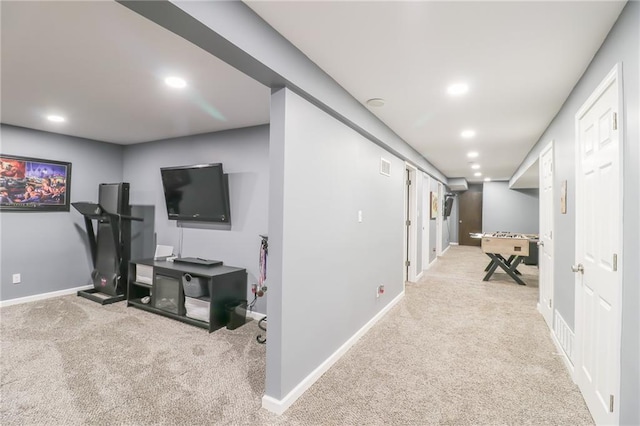 hall featuring baseboards, carpet, visible vents, and recessed lighting