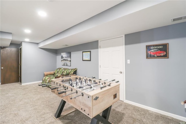 playroom with carpet, visible vents, baseboards, and recessed lighting