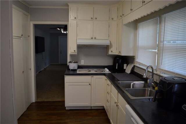 kitchen featuring ornamental molding, white cabinetry, white appliances, sink, and dark wood-type flooring