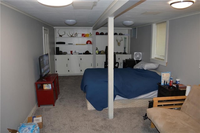 carpeted bedroom with ornamental molding