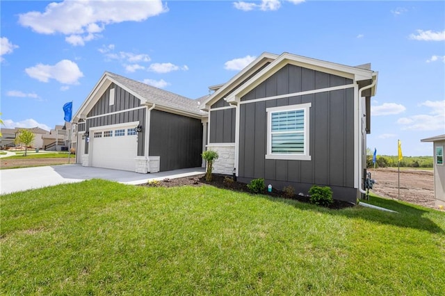 view of front facade with board and batten siding, concrete driveway, a front lawn, and a garage