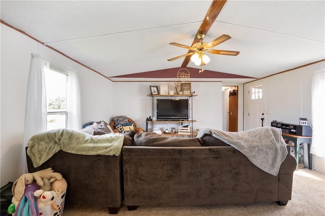 carpeted living room featuring lofted ceiling and a ceiling fan