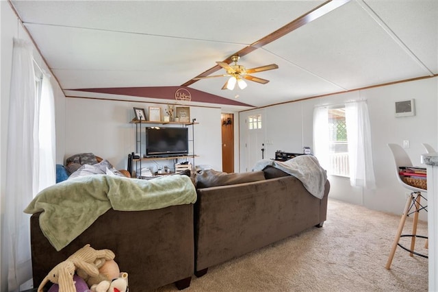 carpeted living room featuring lofted ceiling and ceiling fan