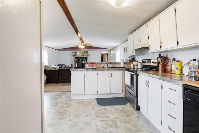 kitchen with black dishwasher, lofted ceiling with beams, a sink, stainless steel range with electric stovetop, and a peninsula