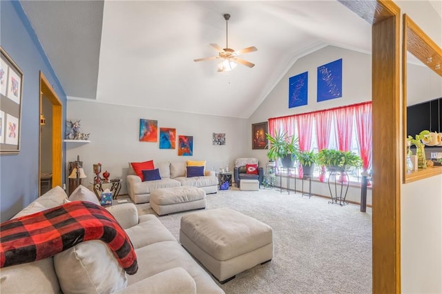 living room featuring ceiling fan, carpet floors, and high vaulted ceiling