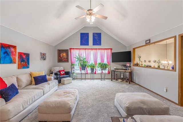 living room featuring baseboards, a ceiling fan, carpet flooring, and vaulted ceiling