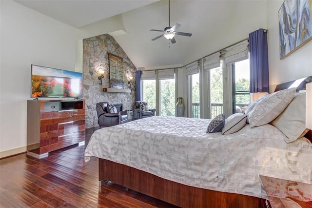 bedroom featuring high vaulted ceiling, ceiling fan, dark wood-type flooring, and access to outside