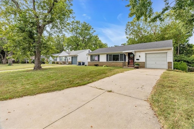 ranch-style house with a front yard and a garage