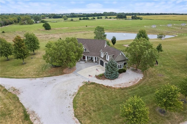 aerial view featuring a water view and a rural view