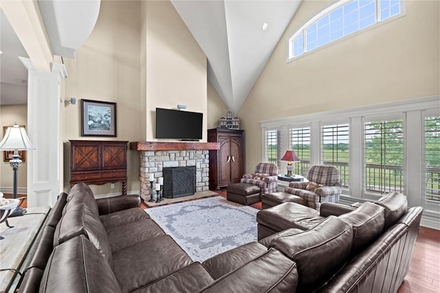 living room with a fireplace and hardwood / wood-style flooring