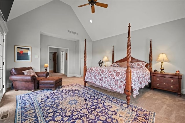 bedroom with ceiling fan, light colored carpet, and high vaulted ceiling