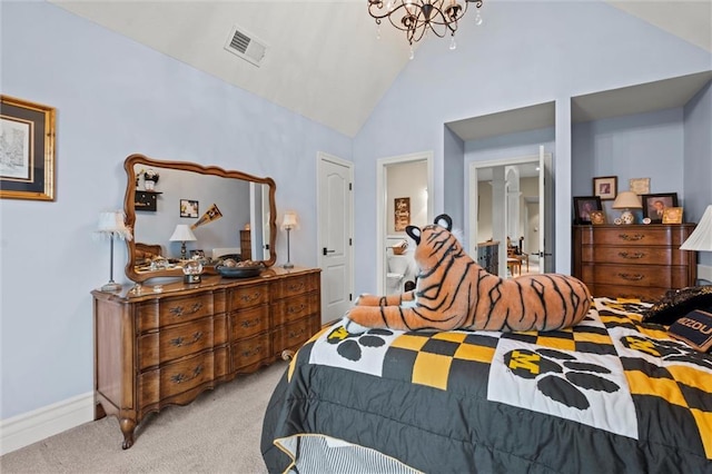 carpeted bedroom with high vaulted ceiling and a notable chandelier