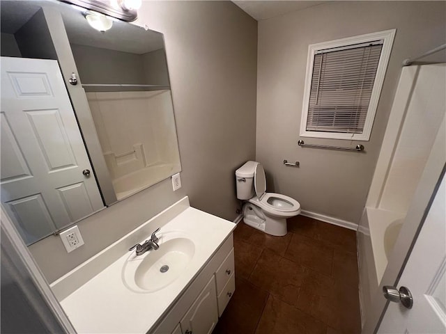 full bathroom featuring tub / shower combination, tile patterned floors, vanity, and toilet