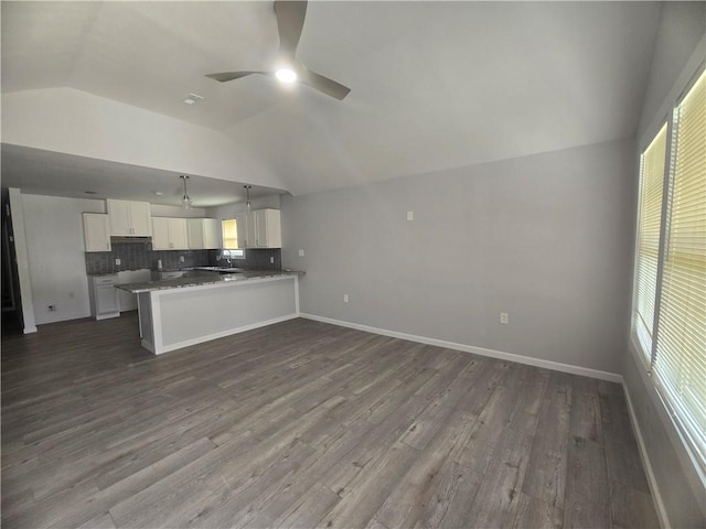 kitchen with vaulted ceiling, dark hardwood / wood-style floors, tasteful backsplash, white cabinetry, and kitchen peninsula