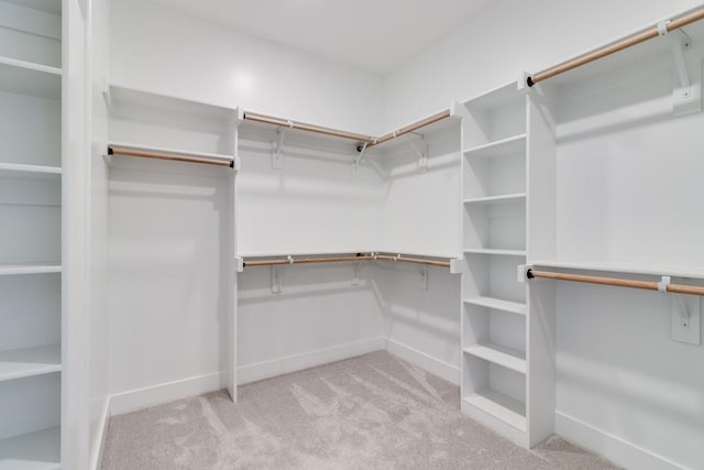 walk in closet featuring light carpet