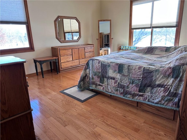 bedroom with light hardwood / wood-style flooring and multiple windows