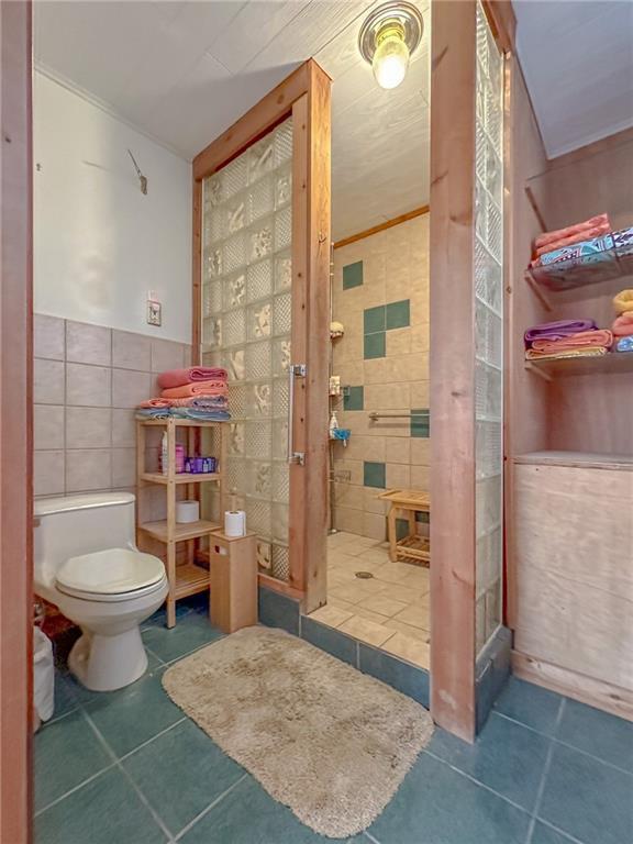 bathroom with tile walls, tile patterned flooring, and toilet