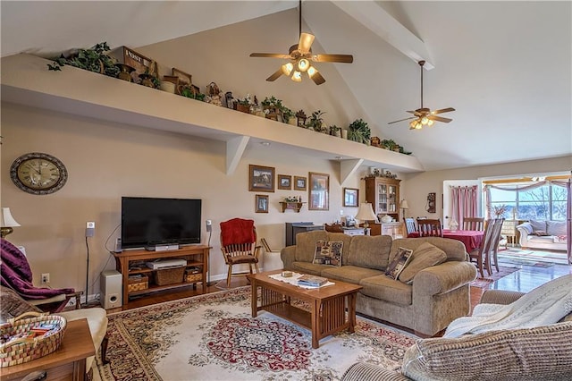 living room with high vaulted ceiling, ceiling fan, and beam ceiling