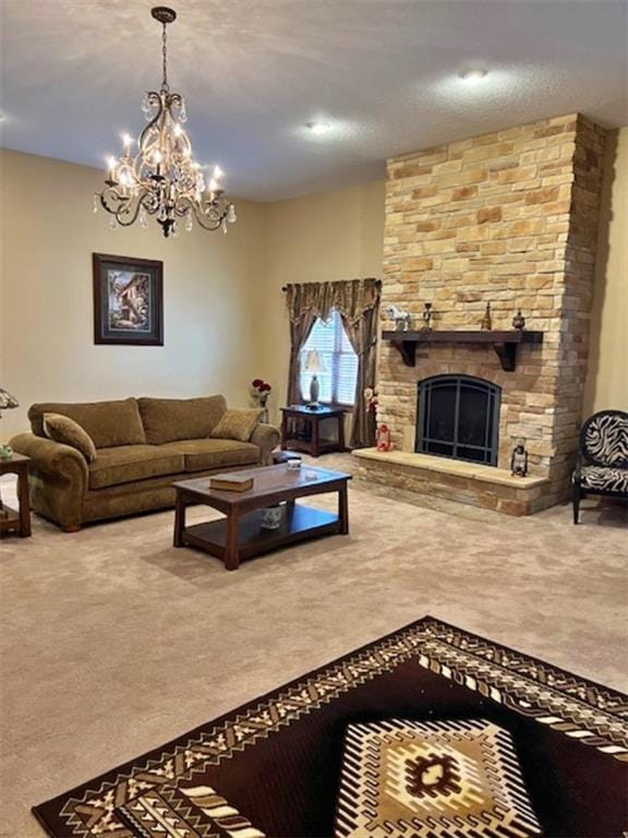 living room with a stone fireplace, carpet, a chandelier, and a textured ceiling