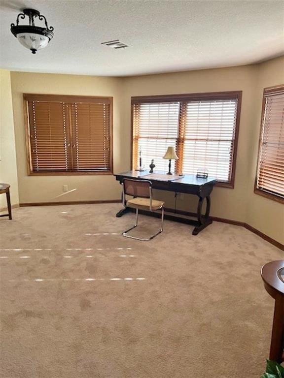 carpeted dining area featuring a textured ceiling