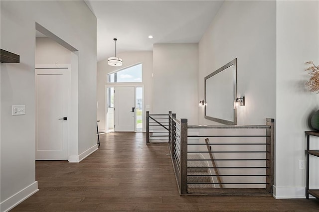 foyer featuring a towering ceiling and dark hardwood / wood-style flooring