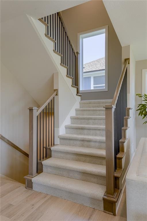 staircase with hardwood / wood-style flooring