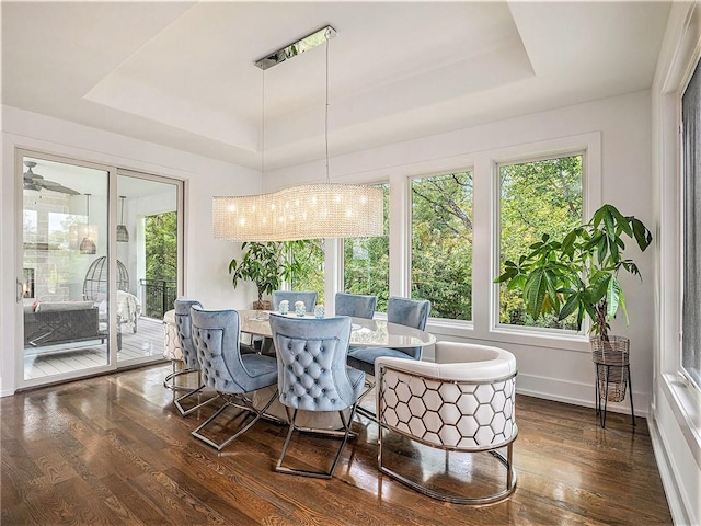 dining area with an inviting chandelier, a tray ceiling, and dark hardwood / wood-style flooring