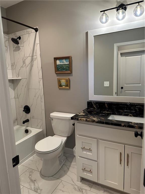 full bath featuring toilet, vanity, baseboards, marble finish floor, and shower / bathing tub combination