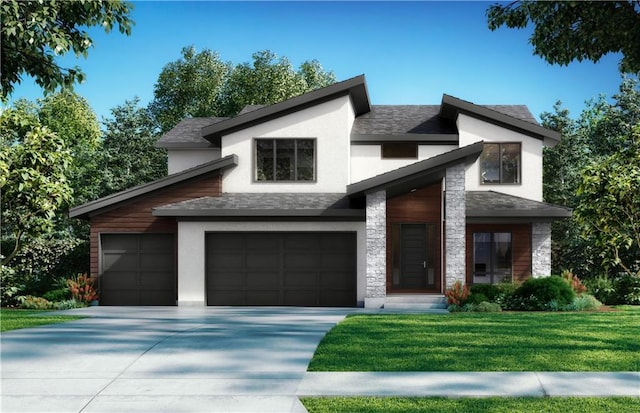 contemporary house featuring roof with shingles, stone siding, driveway, stucco siding, and a front yard