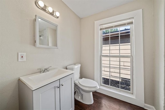 bathroom with toilet, wood finished floors, and vanity