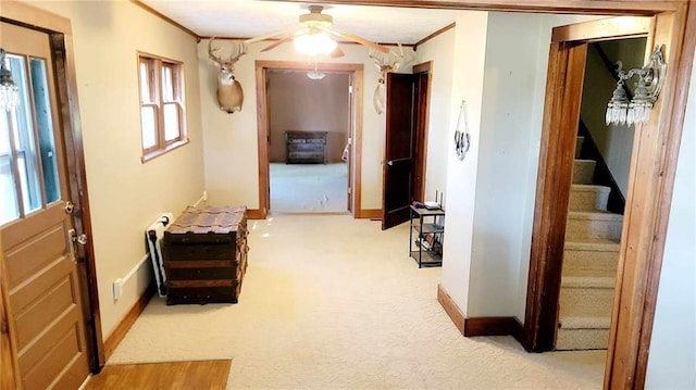 corridor with ornamental molding and light carpet