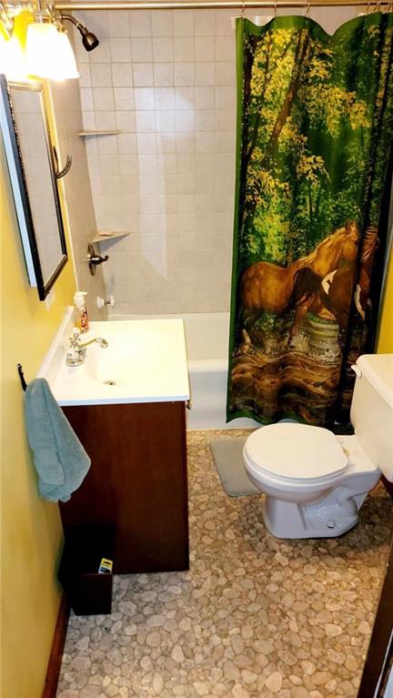 full bathroom featuring vanity, toilet, and shower / tub combo