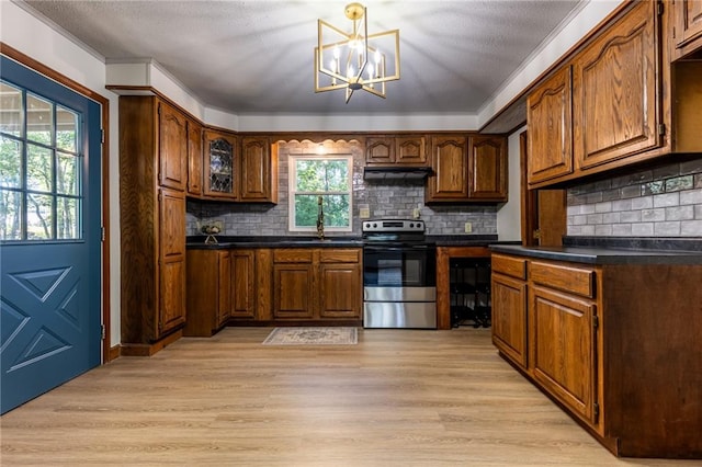 kitchen featuring a notable chandelier, plenty of natural light, stainless steel range with electric cooktop, and light hardwood / wood-style flooring