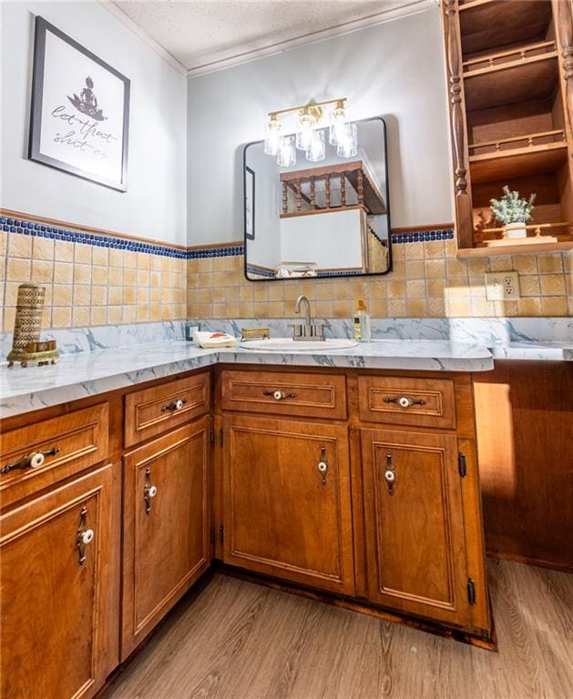 bathroom featuring crown molding, vanity, hardwood / wood-style floors, and decorative backsplash