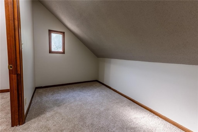 additional living space featuring baseboards, a textured ceiling, carpet flooring, and vaulted ceiling