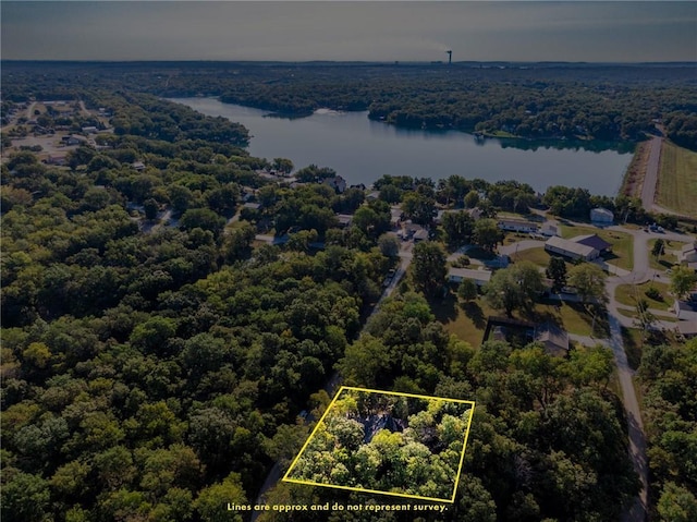 birds eye view of property with a water view and a view of trees