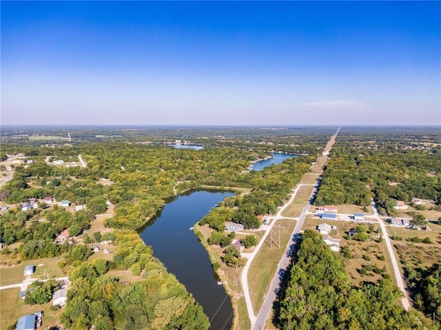 bird's eye view featuring a forest view and a water view