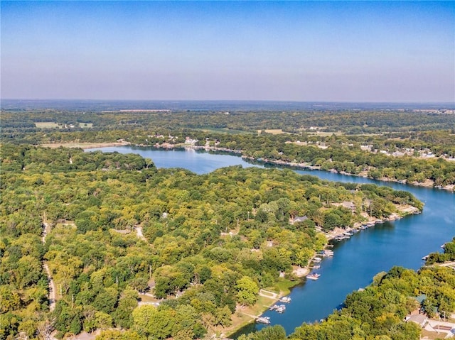 bird's eye view featuring a water view and a wooded view