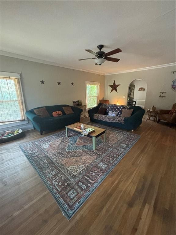 living room featuring hardwood / wood-style floors, ceiling fan, and ornamental molding