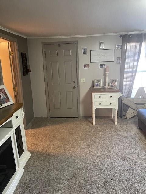 carpeted foyer entrance with ornamental molding