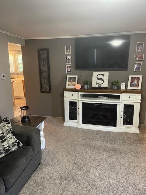 carpeted living room with ornamental molding