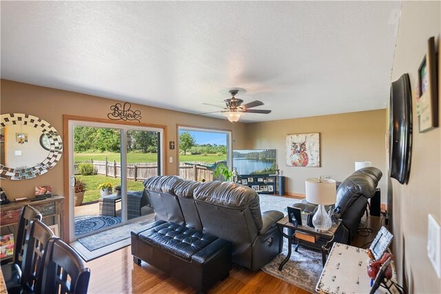 living room featuring ceiling fan and wood-type flooring