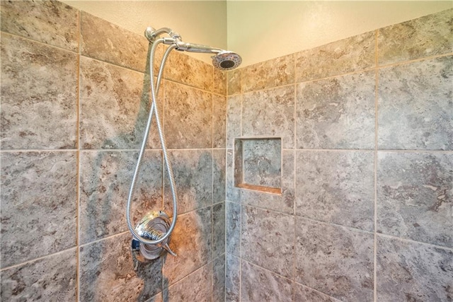 interior details featuring a tile shower