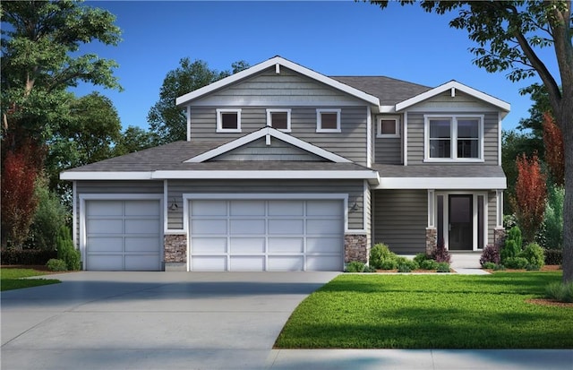 craftsman-style house featuring a garage, driveway, a front lawn, and stone siding