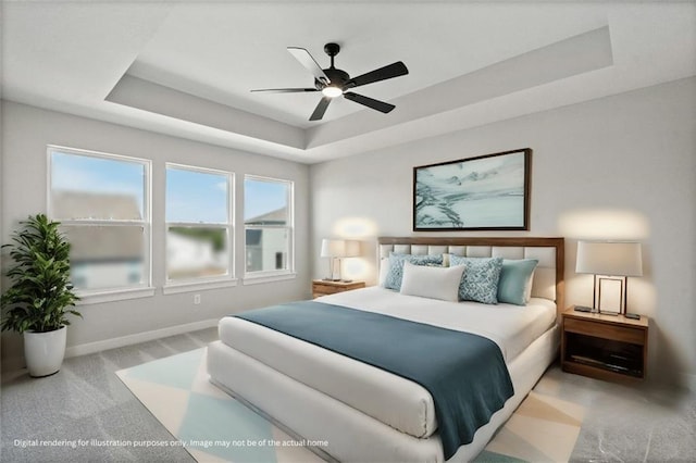 carpeted bedroom with baseboards, a raised ceiling, and ceiling fan